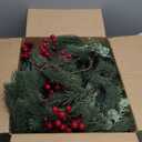 National Tree Company 24 in Pre-Lit Wintry Pine Flocked Artificial Christmas Wreath, Christmas Decoration with Pinecones, Red Berries, 50 Clear LED Lights, 113 Tips, Timer, Green