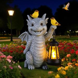 ILLUMINEW Solar Dragon Garden Statue with Lantern and Birds Resin Dinosaur Figurine with LED Light for Yard, Outdoor Decor, Gifts for Mom, Women (Dragon)