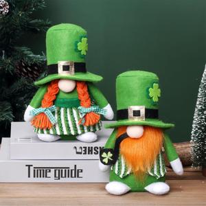 St Pactrick's Day Leprechaun Gnomes Set of 2, Lucky Green Shamrock Elf Figurines Tomte Dolls for Tiered Tray Shelf Decor