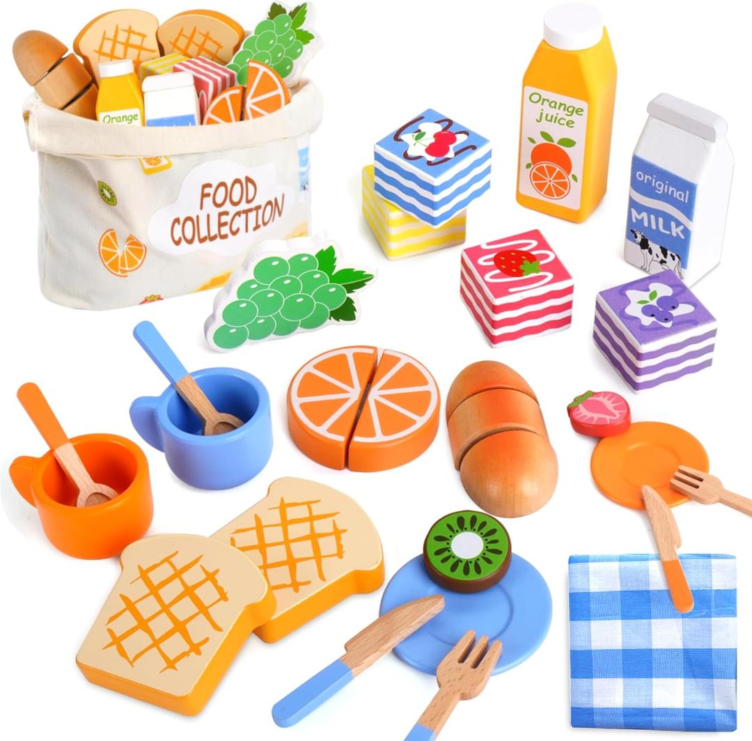 Picnic Set for Kids, Pretend Play Food for Toddlers 1-3, 24 Pcs Wooden Play Food Sets for Kids Kitchen with Shopping Bag, Cutting Food Toys Play Kitchen Accessories Gift for Girls Boys Ages 1 2 3 4 5