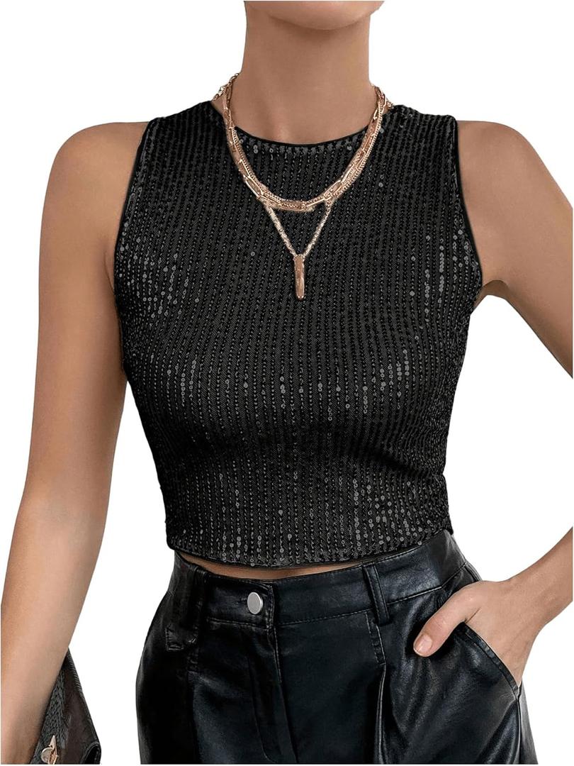 Milumia Women's Sparkly Sequin Crop Tank Top Sleveless Going Out Tops (Medium, Black)