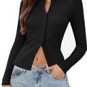 Gleeneat Womens Ribbed Long Sleeve Going Out Tops Button Down Up Cardigan Sweaters Lightweight Regular Length Cute Cardigan M