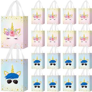 Locmeo 24 Pcs Unicorn Party Favor Bags with Handles  Reusable Non Woven Goodie Bags in Pink & Blue  Candy Treat Gift Bags for Girl & Boy Birthday Parties, 8 x 4 x 10 Inch