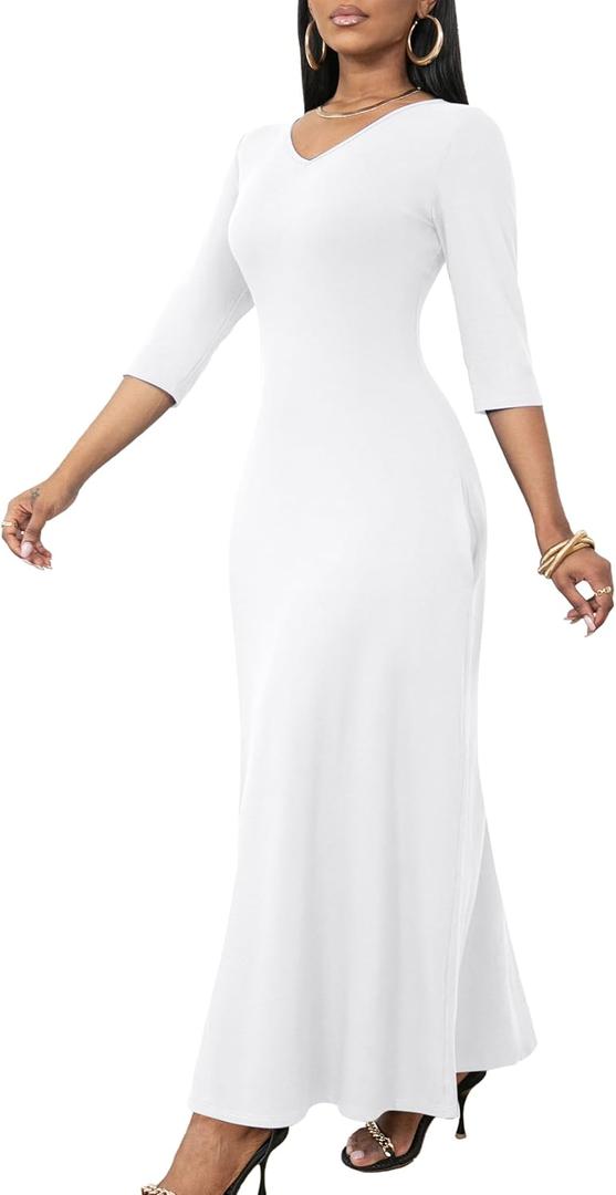 FANDEE Maxi Dress for Women 3/4 Sleeve Maxi Dresses V Neck Casual Loose Long T Shirt Dresses Basic (M)