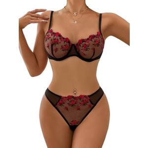 Lilosy Sexy Floral Embroidered Flower Mesh Underwire Push Up Lingerie Set Size Large