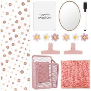 Newtay 14 Pcs Locker Accessories Kit Magnetic Locker Organizer Decorations with Wallpaper, Mirror, Whiteboard, Dry Erase Pen, Rug, Pen Holder, Clips, Magnets for School Dorm Office Gym(Daisy)
