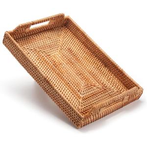 Rattan Serving Tray with Handles, Rectangular Wicker Basket Tray, Hand Woven Flat Basket for Coffee Table Dinning Room Bathroom (17 x 11.4 x 1.8 inch)