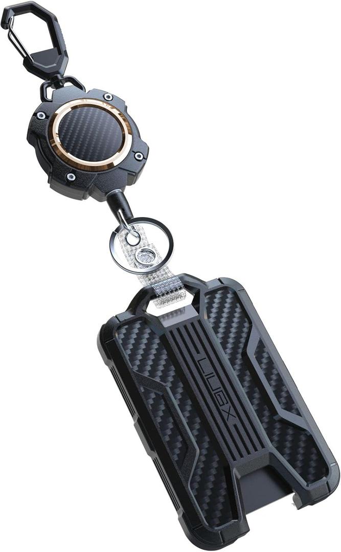 LIUGX Retractable Badge Holders, Heavy Duty Carabiner Keychain, Durable ID Card Holder (Holds 4 Cards), Carbon Fiber-Texture, with 31.5Badge Reel Key Chain, 10,000+ Rebound, Gold-Black