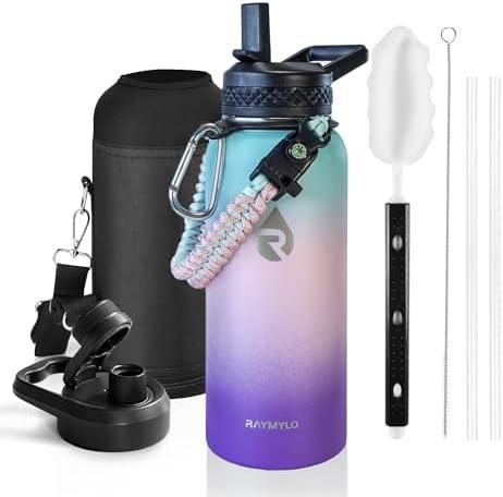 RAYMYLO Insulated Water Bottle 32 oz, Triple Wall Vacuum Stainless Steel (Cold for 48 Hrs), Leak Proof & Non-BPA, Modern Water Flask Jug with Paracord Handle & Straw Spout Lids, Hydrangea