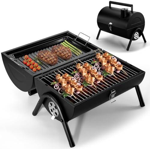 Joyfair Portable Charcoal Grill (2 IN 1 Double-Sided), Small Tabletop Barbecue Grill with Food Tray & Rack for Outdoor Camping Home Patio BBQ Grilling, Heavy Duty & Multi-use, Easy Assembly (230Sq.in)