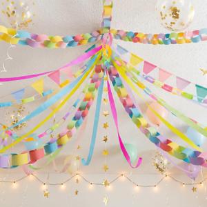 313 Pcs Macaron Fancy Party Decorations, Pastel Burlap Pennant Banner Flags, Crepe Paper Streamers, Glitter Star Garland, Bright Paper Chain Strips for Birthday Spring Easter Wedding Carnival