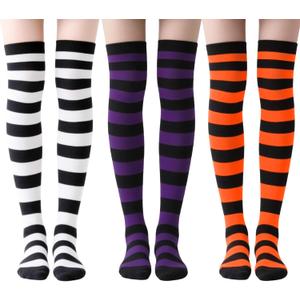3 Pairs Halloween Long Striped Knee High Socks for Women Witches Striped Costume Leggings High Tights Socks