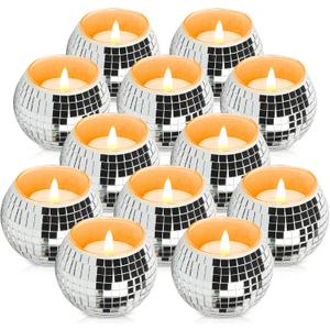 12 Pcs Disco Ball Candle Holder Glass Mirror Candle Holder Disco Ball Decor for Wedding, Party, and Christmas