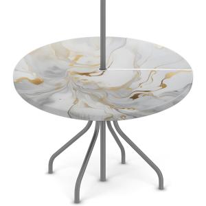 Fitted Round Tablecloth with Umbrella Hole and Zipper Marble Liquid Texture Outdoor Elastic Table Cloth 36"-44" Oil-Proof Waterproof White Gold Marble Patio Table Cover for Party Outdoor