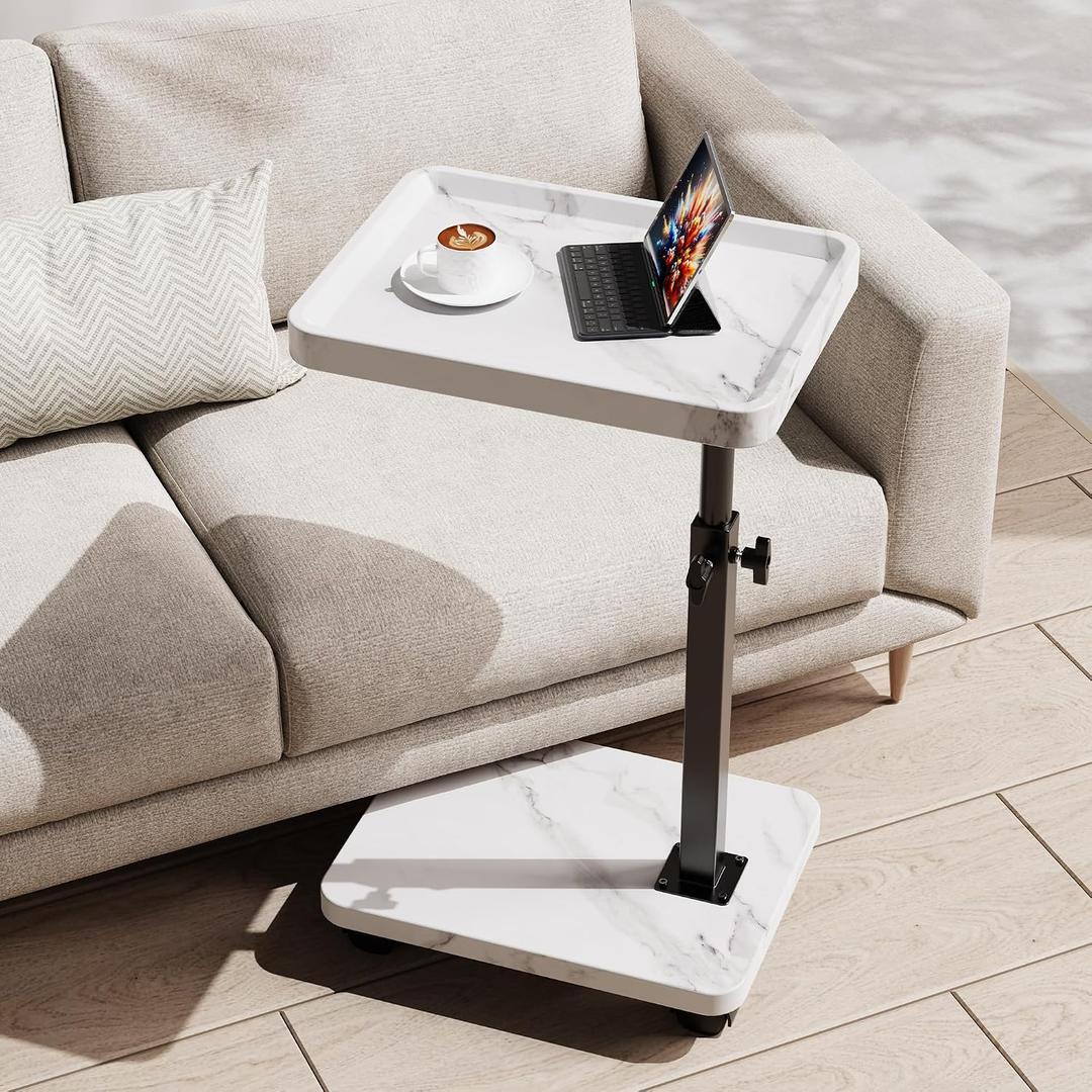 C Table End Table Adjustable Height, 360Swivel TV Tray Table for Small Spaces, Side Tables with Wheels for Living Room and Bedroom, Bed (White)