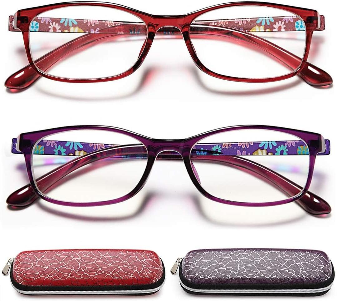 EYEURL Blue Light Blocking Readers for Women - Set of 2 Ladies Computer Reading Glasses +2.0 Choose Your Magnification Lightweight and Comfortable (Purple+red)