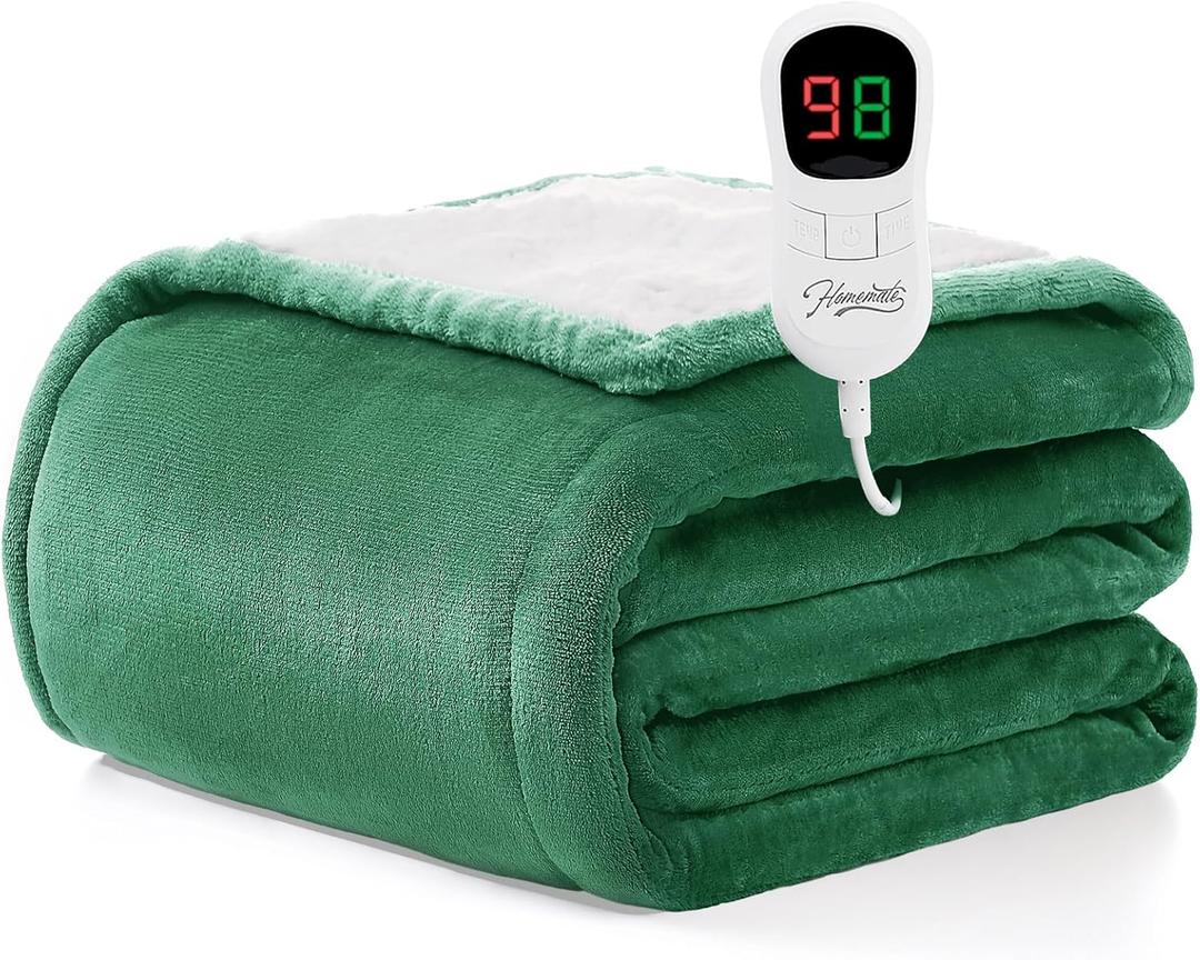 Homemate Heated Blanket Electric Throw - 50"x60" Heating Blanket Throw 1/2/4/6/8 Hours Auto-Off 10 Heat Level Over-Heat Protection Flannel Sherpa ETL Certification (21 - Dark Green)