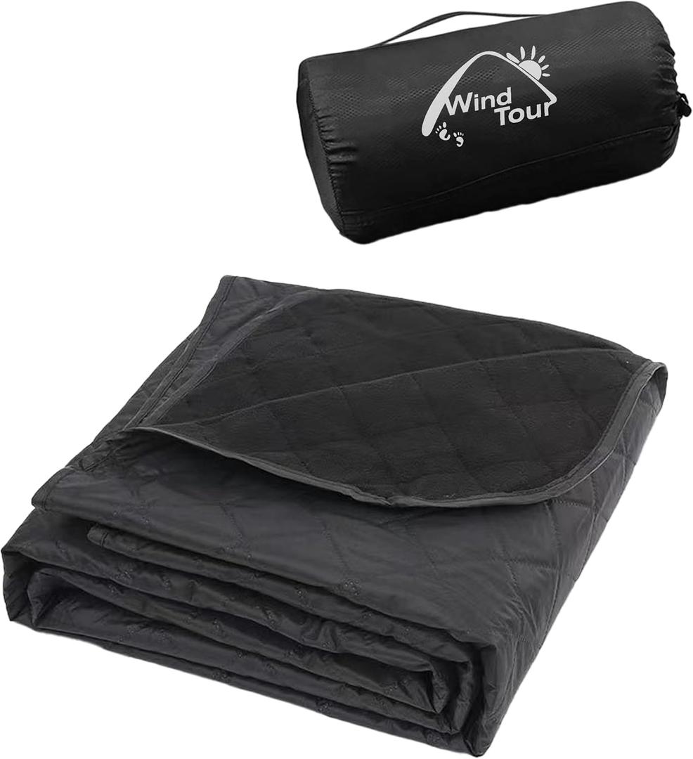 Wind Tour Warm Polar Fleece Blanket Picnic Outdoor & Beach, Machine Washable Camping Quilt for Cold Weather, Adventure, Sleeping, Backpacking (Black)
