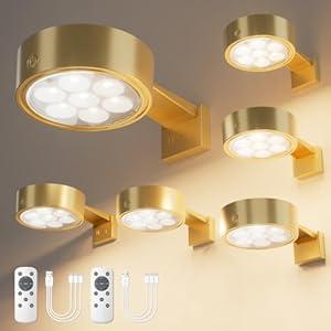 VOLISUN Picture Lights for Wall, 4000mAh Rechargeable Picture Light Battery Operated, 3 Color Temperatures Cordless Picture Light with Remote, Art Light for Painting, Gallery, Portrait, 6 Pack (Gold)