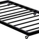Lutown-Teen Twin Trundle Bed Frame with Metal Slats, Roll-Out Design, Easy Assembly Steel Frame with Lockable Wheels, Noiseless Pull Out Bed for Bedroom, Living Room or Guest Room, Black