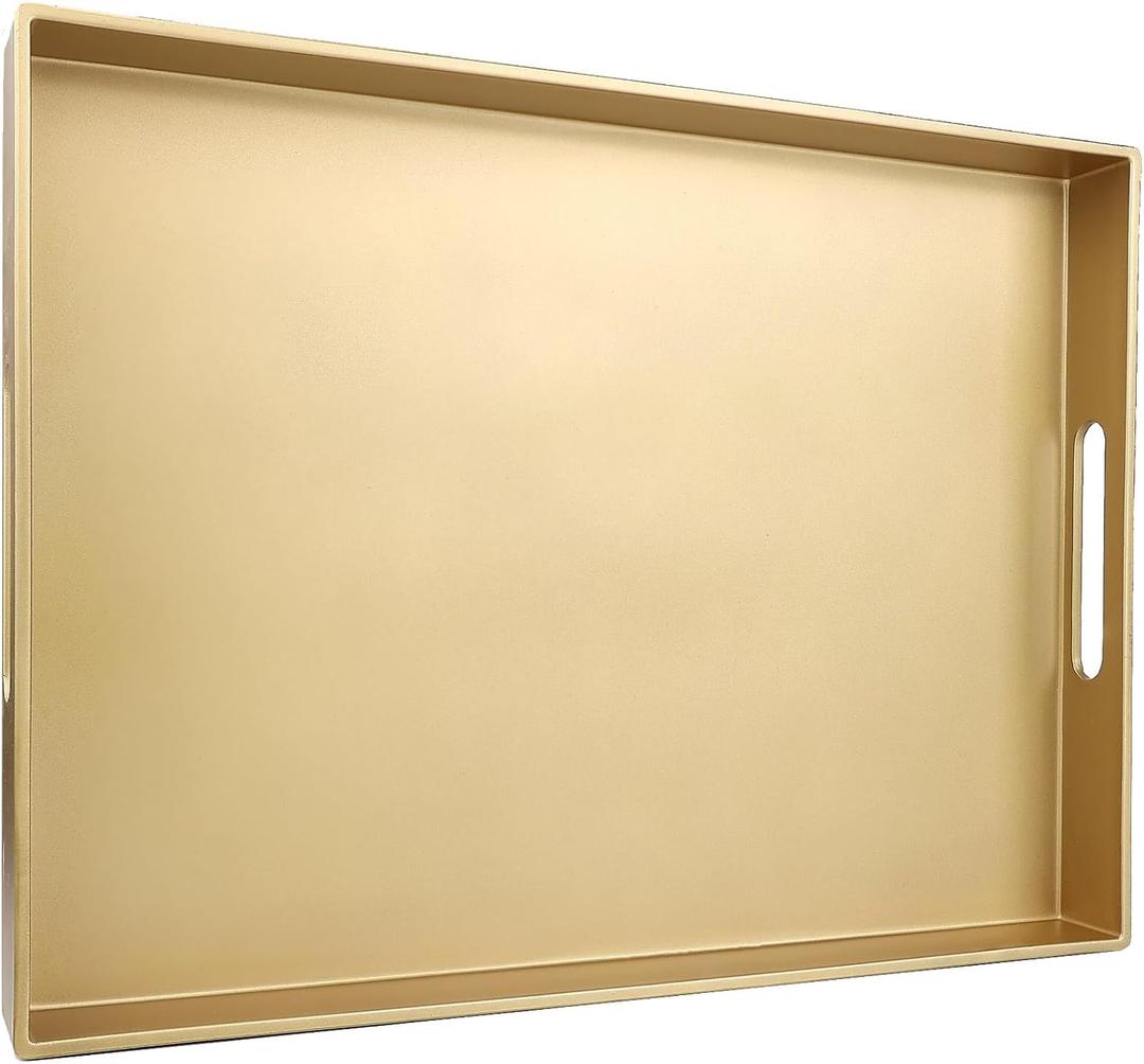 Gold Serving Tray for Coffee Table, Rectangular Plastic Decorative Tray with Handles for Entertaining, Outdoor Patio, Living Room, Ottoman, Bathroom Counter, 11.8*15.7*1.6