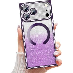 Misscase Magnetic Glitter Case for iPhone 17 Pro Max 6.9 Inch, Camera Protection, Compatible with MagSafe, Rectangle Cute Bling Sparkle Diamond Colorful Phone Cover, Drop-Tested & Shockproof-Purple