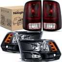 Nilight Headlight and Taillight Assembly Combo Compatible with 2009 2010 2011 2012 2013 2014 2015 2016 2017 2018 Dodge Ram for Quad Models Black Housing Amber Reflector with Dark Red Tail Light
