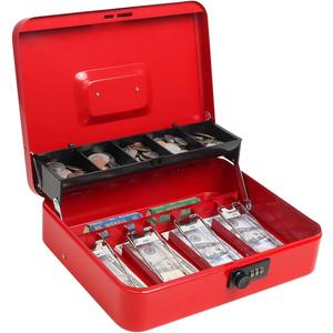 Cash Box with Money Tray and Combination Lock, Parrency Large Money Box, 5 Compartments for Cions & 4 Spring-Loaded Clips for Bills, 11 4/5" x 9 2/5" x 3 1/2", Red