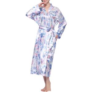 Lavenderi Women's Satin Kimono Robe - Long Classic Satin Lounge Bathrobe (Large, Blue Floral Print)