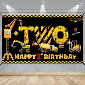 2nd Birthday Decorations for Boys, Excavator Dump Truck Theme Second Birthday Banner Decorations Digger 2 Year Old Bday Banner Backdrop Party Supplies Sign