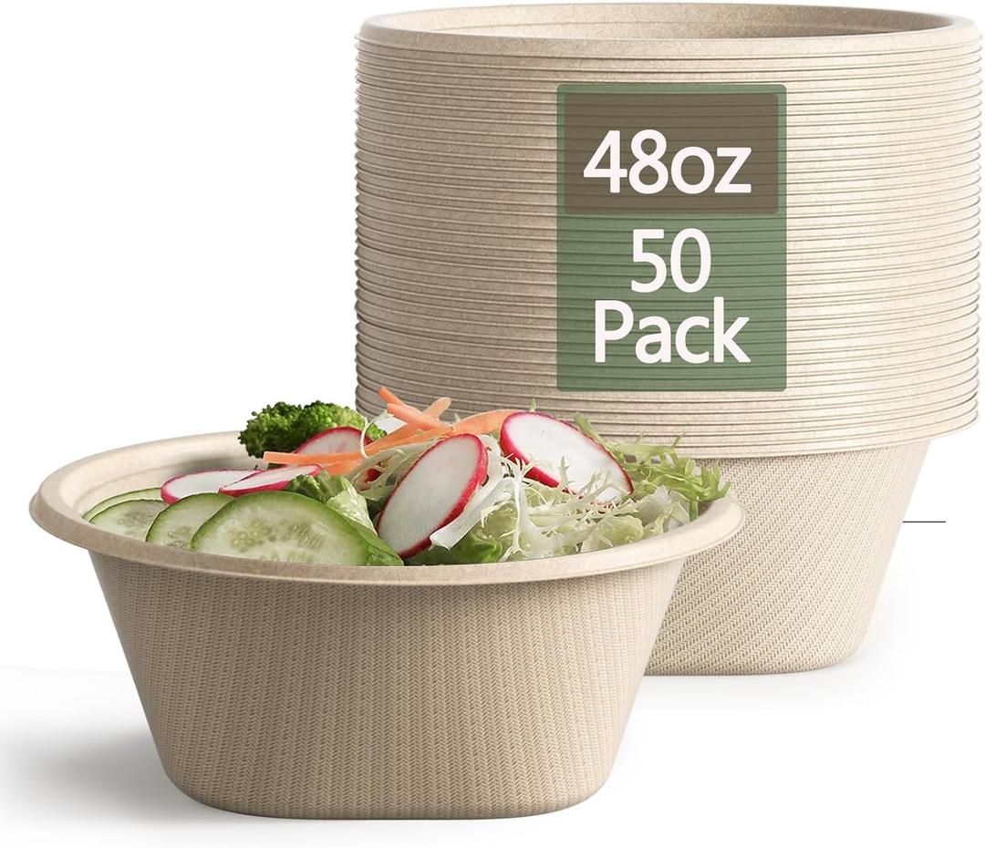 Homestockplus Large Disposable Bowl - Heavy Duty Paper Bowls - Made from Sugarcane and Bamboo Fiber, Microwave Safe - 48 Oz Paper Bowls for Soup, Salad, Ramen, Popcorn, etc. [Pack of 50]