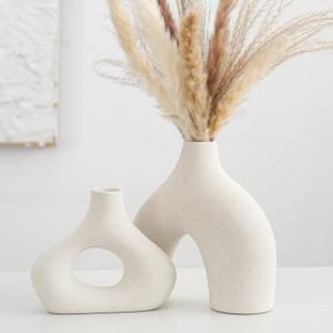CEMABT Beige Ceramic Vase Set of 2 for Modern Minimalist Bohemian DecorRound Matte Donut Vases for Pampas Grass-Perfect for Living Room, Dining Table, Office Bedroom Shelf Decor Entryway, Console