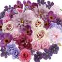 56 PCS Fake Flowers Heads Artificial Purple Silk Flower Heads Bulk Faux Mini Flowers for Cake Blossom Wreath Wedding Bridal Party DIY Home Decoration