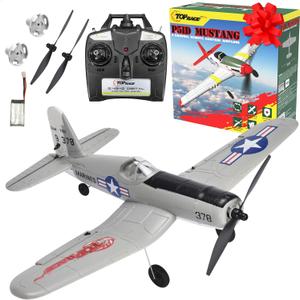 Top Race Remote Control Airplane - Ready to Fly 4 Channel RC Plane for Adults - Advanced Foam Construction - Remote Controlled War Cessna P51 Mustang Upgraded with Propeller Saver - 4.3"x15.7"x11.8" (Grey)