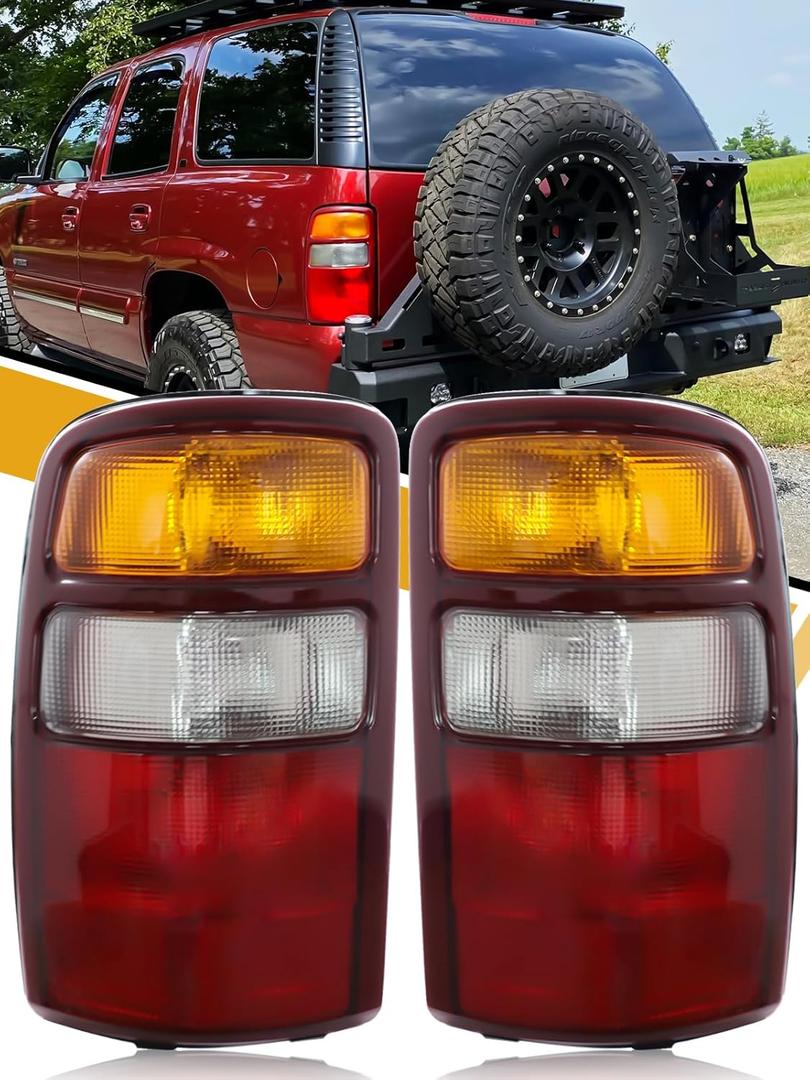 Tail Light Compatible with Chevy Suburban 1500 2500 Tahoe GMC Yukon XL Denali 2000-2006, Halogen Rear Lamp, W/O Bulb Harness, Red Border Amber+White+Red, Left and Right Side, Pair
