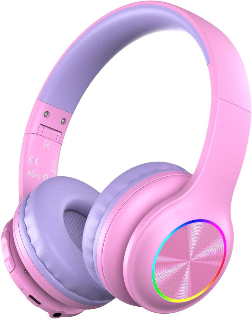 Bluetooth Kids Headphones Fit for Aged 3-21, Colorful LED Lights Comfort Wireless Headphones with Microphone 94dB Volume Limited for School/iPad/PC/TV/Cellphones, Wired & TF Card Mode, Pink
