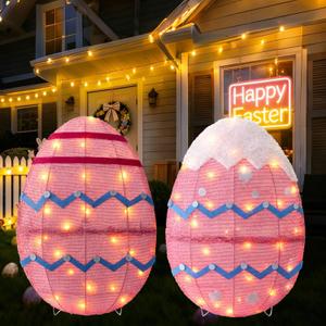 Outdoor Easter Decorations Yard Decor, Set of 2 Lighted Metal Eggs, 34 Inch, Lights Plug in LEDs for Porch Lawn Garden