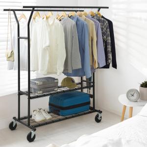 CAPHAUS 840LBS Capacity Heavy Duty Clothes Rack with Double Rods, Rolling Clothing Rack with 2 Shelves, Extendable Rods, Black