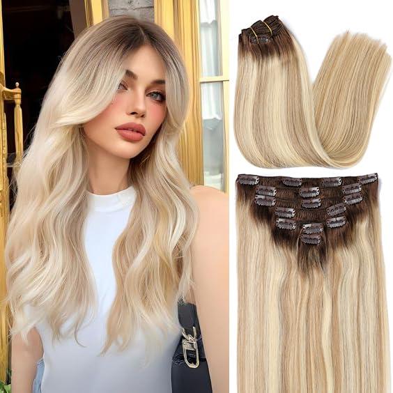 ORIGEN Clip in Hair Extensions Real Remy Human Hair Light Brown Ombre Ash Blonde Mix Platinum Blonde Balayage Hair for Women 80g 7 Pcs 14 Inches (8T18P60)