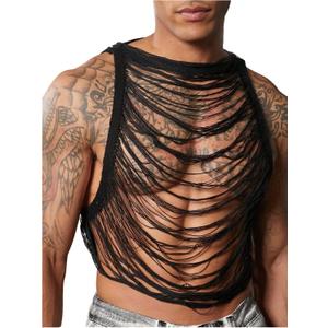 OYOANGLE Men's Hollow Out Ripped Sweater Vest Sleeveless See Through Crop Tank Tops Party Clubwear (Black, L)