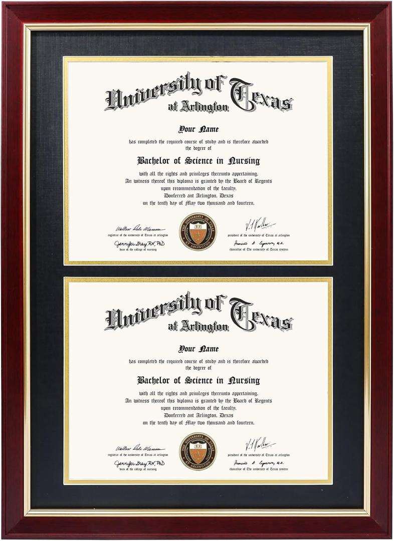 GMFrames Double Diploma Frame for Two 8.5x11 Certificates with Black over Gold Mat, Solid Wood, UV Protection Acrylic, Cherry Finish with Gold Trim