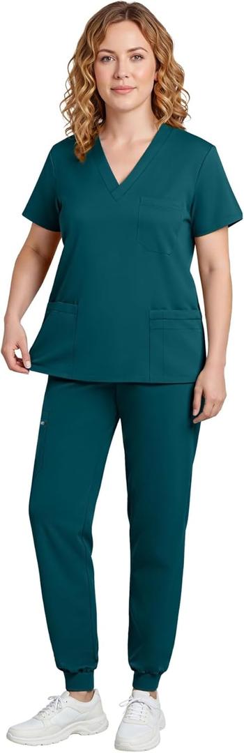 Scrubs for Women Set - Stretchy V-Neck Top & Jogger Pants, 8 Pocket, Medical Uniform, Workwear for Nurses (Large, Green)