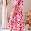 PRETTYGARDEN Women's Summer Beach Maxi Dress Short Sleeve Buttons Tiered Ruffle A Line Swing Dresses (Pink, S)