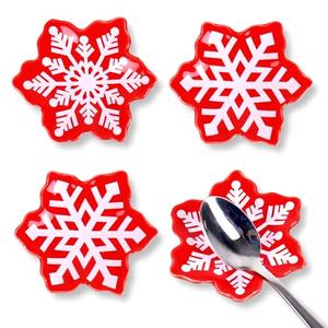 Whaline 4Pcs 2.6inch Winter Mini Ceramic Spoon Rest Red White Snowflake Small Coffee Spoon Holder for Xmas Winter Home Coffee Station Bar Accessories