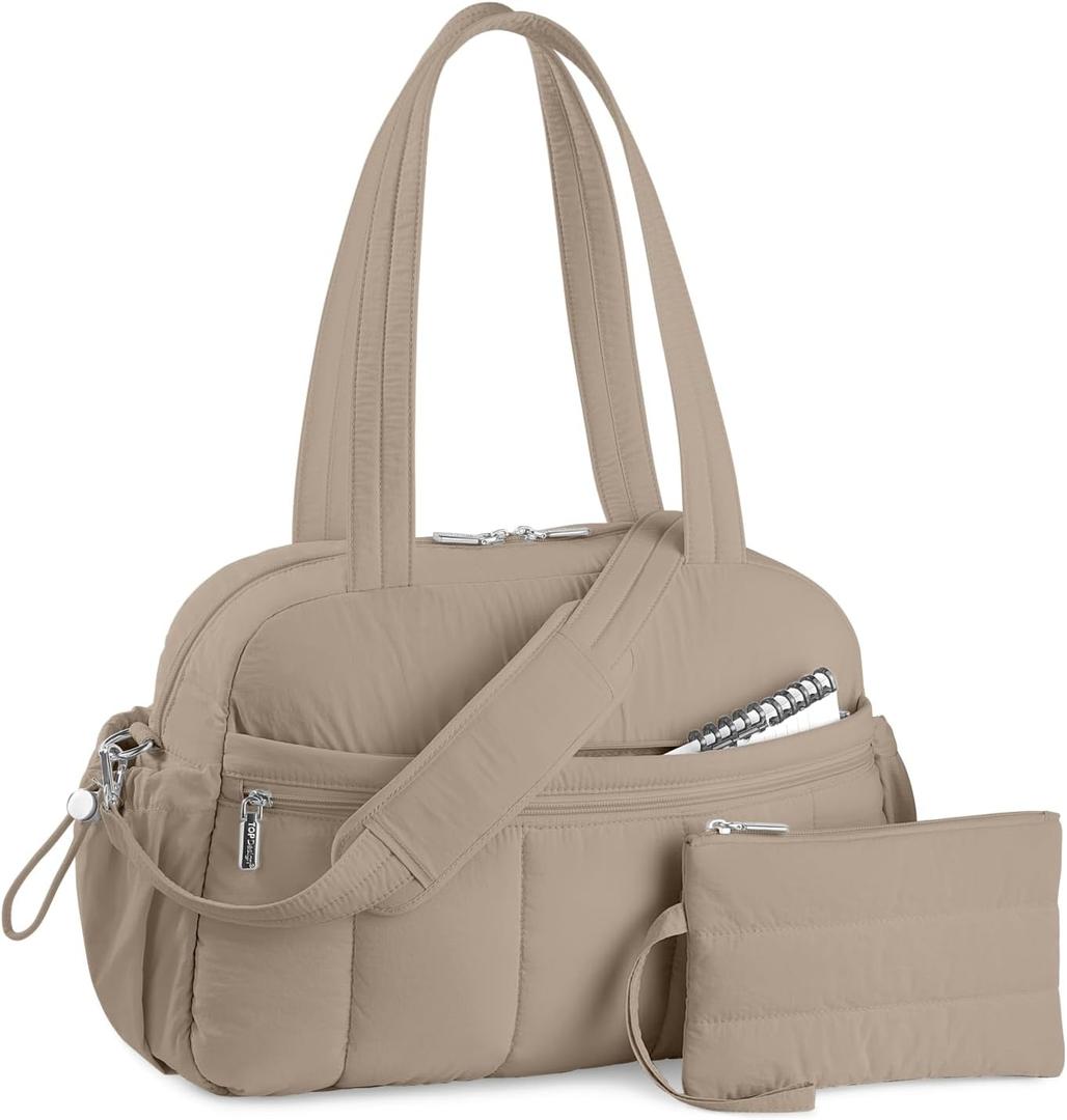 TOPDesign Travel Duffel Bag for Women, Puffer Gym Bag Sports Tote with Wet Pocket, Carry On Weekender with Luggage Sleeve (Camel)