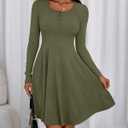 BTFBM Casual Fall Dresses for Women 2025 Long Sleeve Ribbed Button Down Empire Waist A Line Winter Wedding Guest Dress (Green, M)