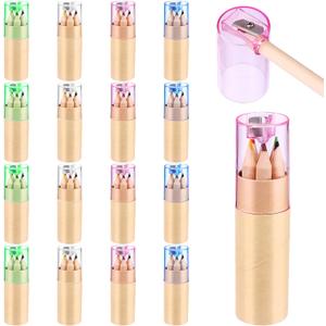 16 Pack Mini Drawing Colored Pencils With Sharpener Set for Kids - 3.3inch Short Fat Color Pencils in Tube for Adult Coloring Books, Classroom School
