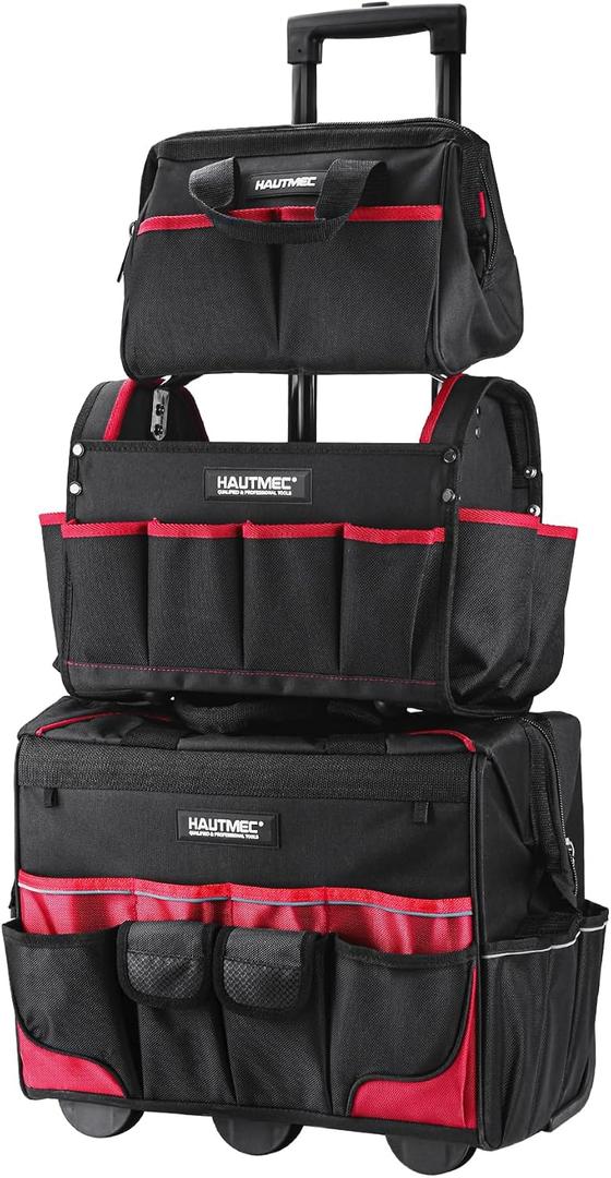 HAUTMEC 3-Piece Rolling Tool Bag Set, 18" Wheeled Tool Bag, 15" Open Top Tool Tote & 12" Wide Mouth Small Bag, Heavy-Duty 1680D Water-Resistant Tool Storage with Off-Road Wheel & Telescoping Handle