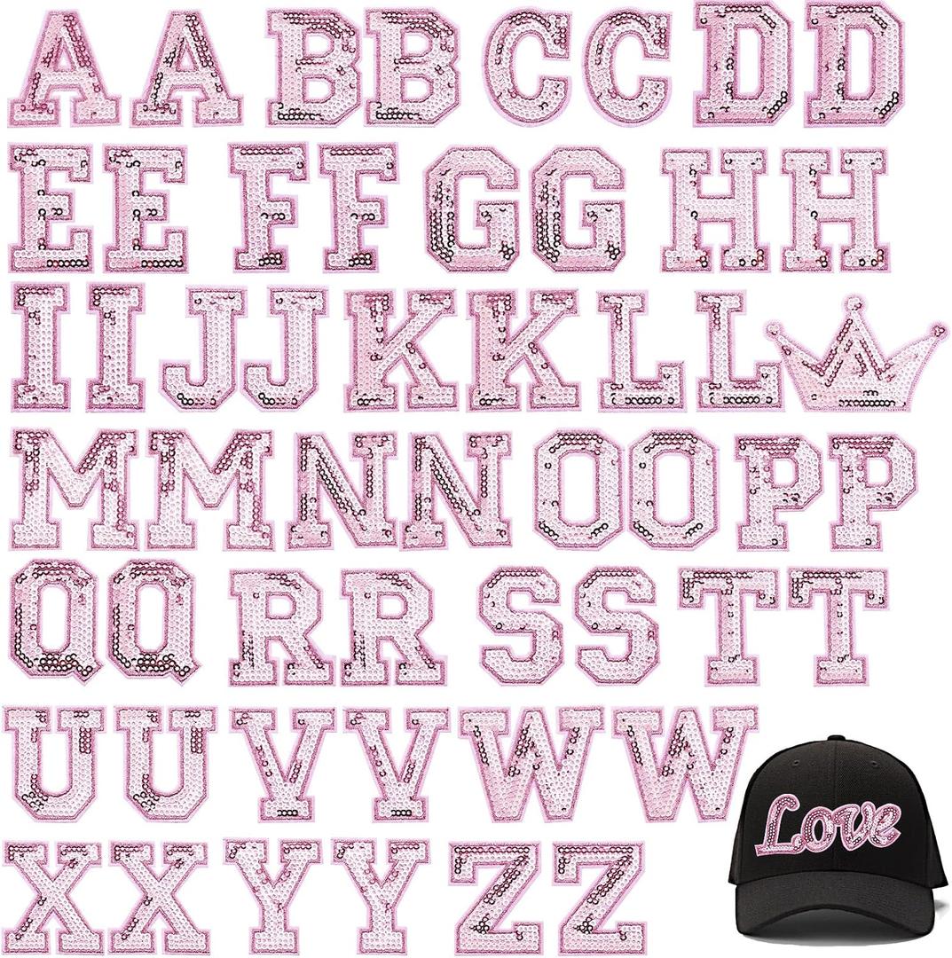 54 Pieces Iron on Sequin Letters Alphabet Patches Iron on Appliques Love Design Sew on Patches Glitter Hotfix for Bag Shoes DIY Craft Supplies (Pink)