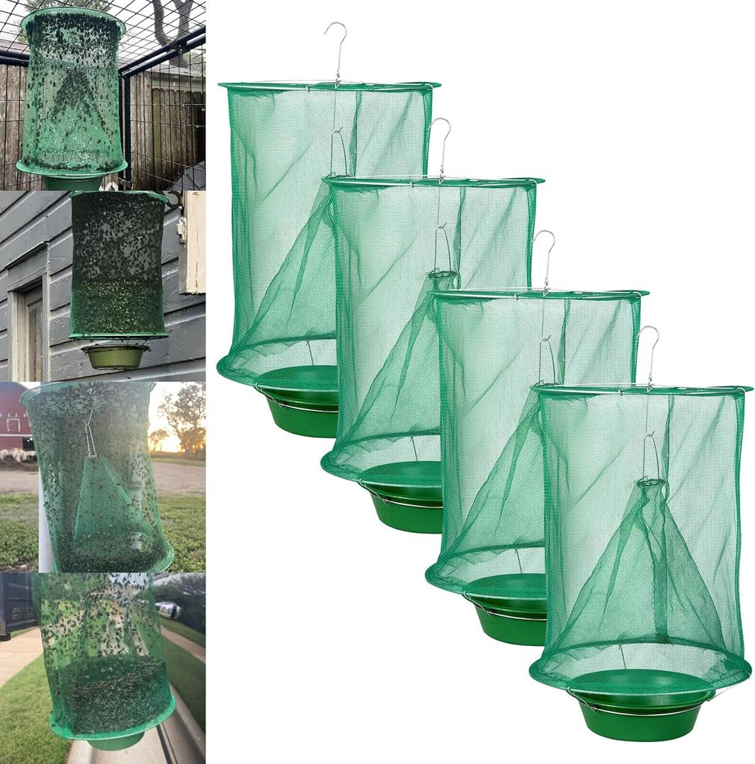 4 Pack Ranch Fly Traps Outdoor Hanging, Reusable Stable Fly Hunter Catcher Cage with Food Bait Tray, Flies Control Killer Repellent for Barn, Orchard, Farm, Horse, Patio